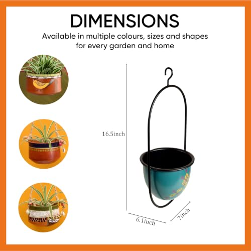 Image of AAKRITI ART CREATIONS Metal Hanging Planter | Handpainted Planter, Modern Art, Blue Glossy Finish | Outdoor & Indoor Home Decor Items | Room Decoration Artifacts, Flower Pots for Living Room