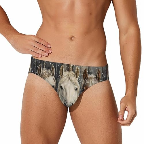 Three Horses Snowflakes Printed Swim Briefs for Men Sexy Bikini Swimwear Elastic Beach Trunks Bathing Suit