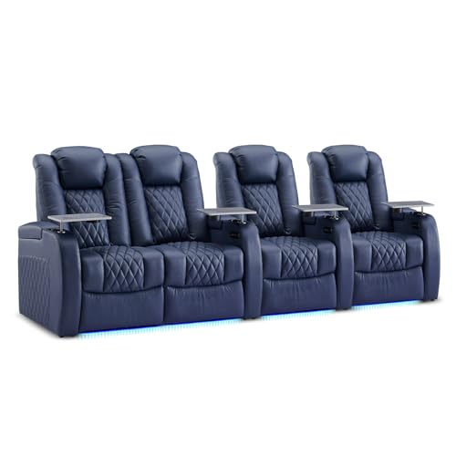 Image of Weilianda Home Theater Seating, Top Grain Leather Movie Theater Chair | Blue Row of 4 Loveseat Left, Zero Gravity, Power Headrest, Tray Table, Electric Reclining Seat for Media Room