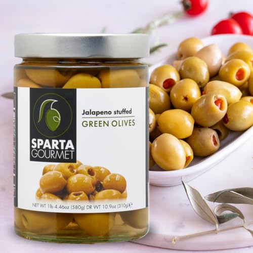 Image of Sparta Gourmet Jalapeno Stuffed Green Olives • Vegan & Non-GMO Verified, 20.46 oz ℮ 580 g