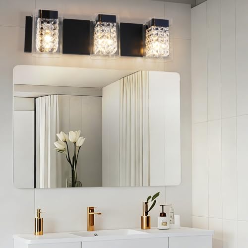 Image of MantoLite Modern Crystal Bathroom Vanity Light, 3CCT Matte Black Wall Light | 3-Light Bathroom Lighting Fixtures With Glass Shade Over Mirror,Bedrooms,Living Room or Dining Areas