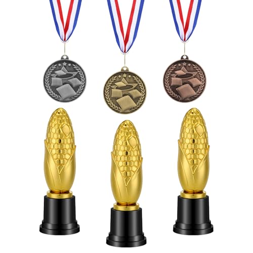 VioraWhite 6 Pcs 3 Inches Award Corn Hole Fusion Medal with Ribbons Gold Silver Bronze 3 Colors and 3 Cream of the Crop Funny Trophy Award Corn Trophies 6 Inches 1st 2nd 3rd Place Winner Prizes