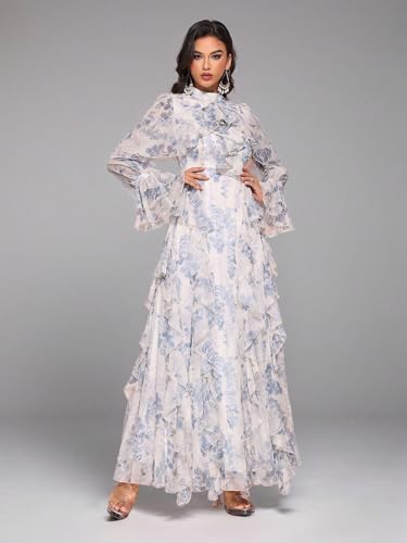 Image of TOLEEN Summer Casual Dresses for Women 2024 Spring Fashion Boho V Neck Long Sleeve Ruffle Floral Print Elegant Maxi Dress