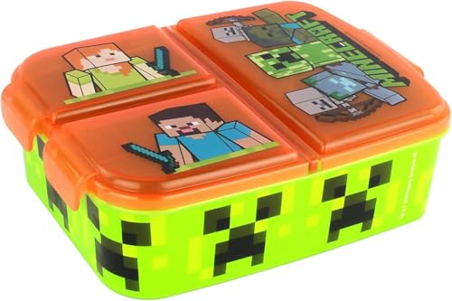Foto von Minecraft Brotdose Kinder - Lunchbox mit 3 Fächern und Clip-Verschlüssen, Bento Snackbox aus Kunststoff für Kindergarten, Schule und Freizeit - Vesperdose robust & leicht zu öffnen