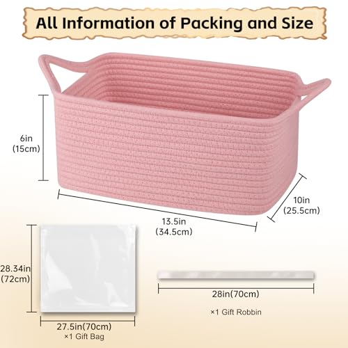 Image of OIAHOMY Woven Basket, Gift Basket Empty with Gift Bags and Ribbons, Rope Baskets for Baby Showers, Storage Baskets with Handles for Nursery, Pet Toy Organizer - Pink
