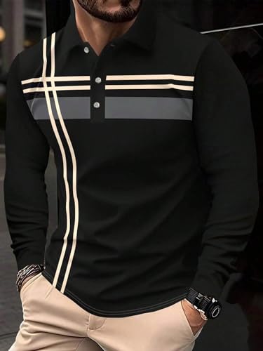 Mens Stripe Design Polo Shirt Long Sleeve Multicolor Interlock Comfort Collared Everyday Breathable Top2