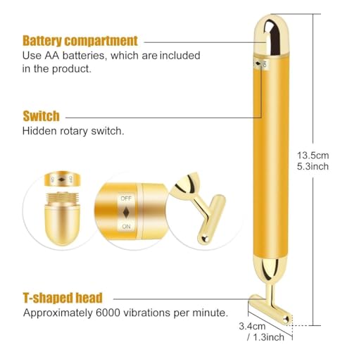 Crotomak 24K Gold Energy Beauty Bar Electric Vibration Facial Massager Roller T Shape Waterproof Anti Wrinkle Face Skin care Massager For Forehead Cheek Neck Clavicle Arm (Gold) - Image 5
