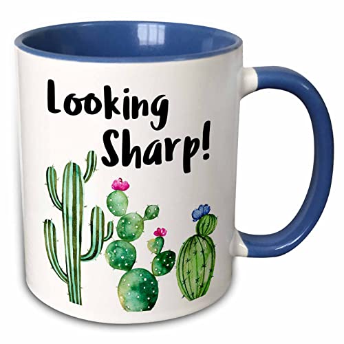 3dRose Funny Ironic Looking Sharp Watercolor Cactus 11oz Two-Tone Blue Mug