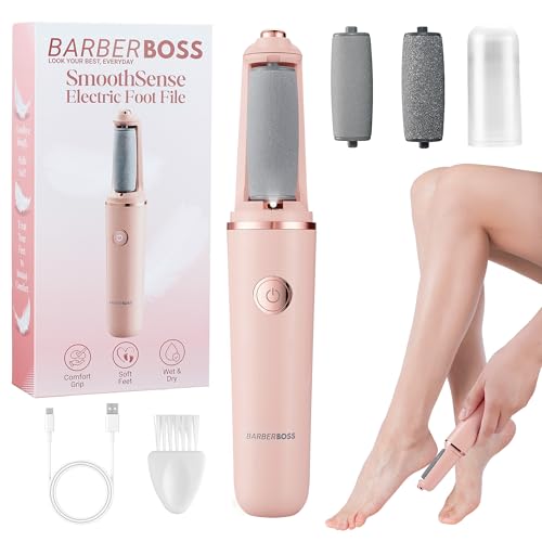 Immagine prodotto: BarberBoss Rimuovi calli elettrico per piedi, lima portatile per piedi, strumento ricaricabile per rimozione di duroni con testine a rullo fini e ruvide, strumento per pedicure impermeabile, QR-5102