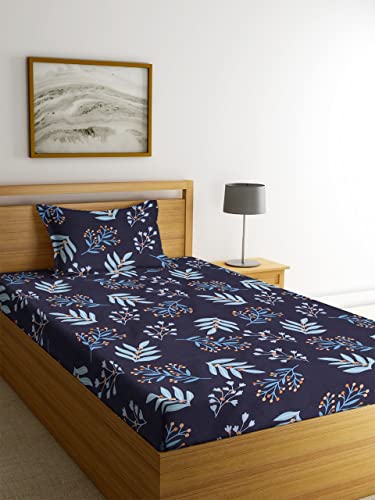 Image of NHD HOME Premium Glace Cotton 180 TC Flat Single Bedsheets Breathable | Wrinklefree (Size-60 X 90 Inch) with 1 King Size Pillow Covers (Size-17 X 27 Inches, Blue Floral Prints)