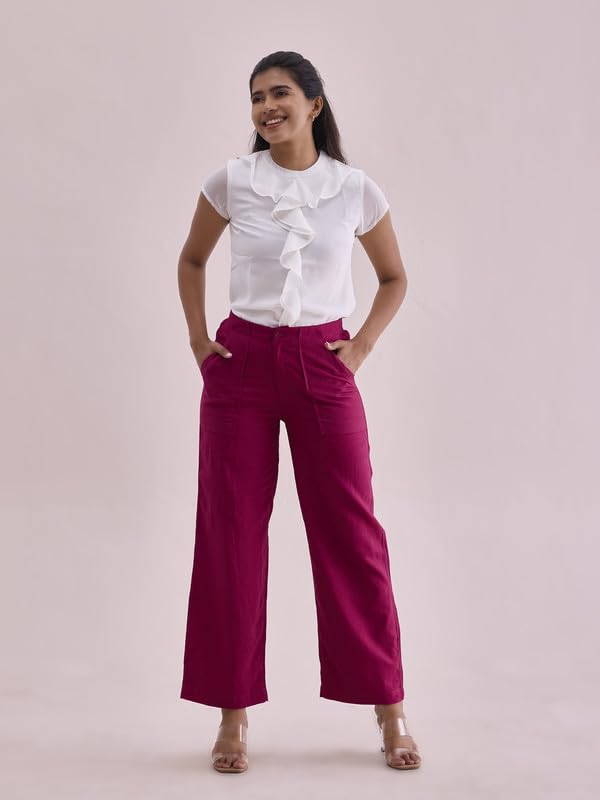 Image of GO COLORS Solid Linen Cargo Pants for Women | Full Length, Mid Rise, Side Pockets