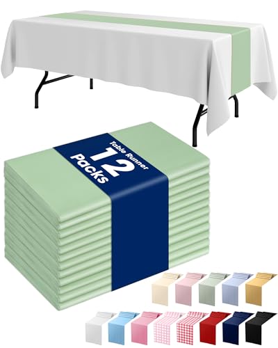 Pureegg Plastic Table Runners Disposable 12 Pack, 14 x 108 Inch Table Runner, Wedding Party, Decorative Table Runner, Rectangle, Light, Pastel Plastic Cover, Leakproof & Sturdy, Sage Green
