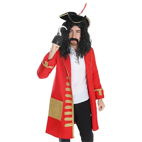 Costume de capitaine crochet pour adulte – Standard – Manteau de pirate rouge et doré, longue perruque noire, fausse tash, chapeau de pirate noir et main...
