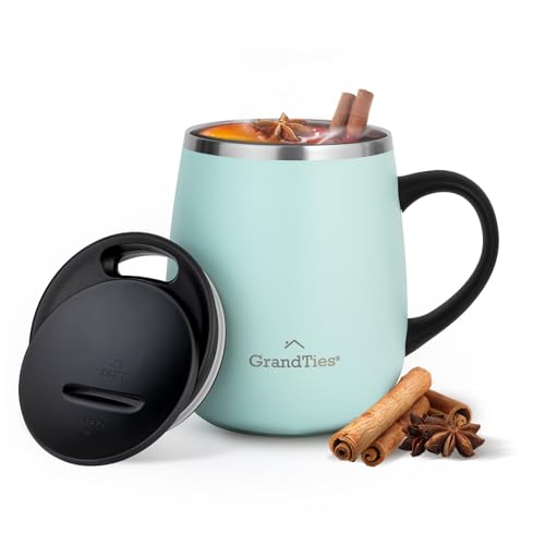 GRANDTIES Insulated Coffee Mug with Handle, Sliding Lid for Splash-Proof 16 oz Wine Glass Shape Thermal Tumbler with Double Walled Vacuum Stainless Steel to Keep Beverages Hot or Cold- Powder Green