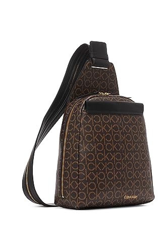 Image of Calvin Klein Women's Millie Backpack for Women - Vegan Leather Monogram Backpack, 2 Pockets, Brown /Khaki /Black, One Size