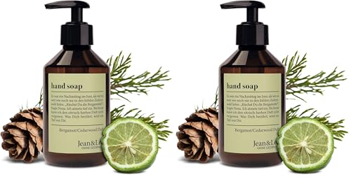 Jabón de manos Jean & Len Bergamota y Cedro, limpia las manos estresadas, apto para uso diario, jabón líquido en dispensador de bomba, refrescante fragancia cítrica, vegano, 250 ml (Paquete de 2)