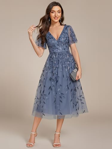 Ever-Pretty Women's Elegant A Line Embroidery Short Sleeves Midi Sequin Formal Cocktail Wedding Guest Dress 022304