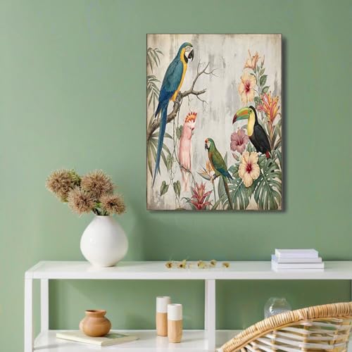 Peintures Murale Rose Vert au style rétro tropical, impression sur toile 60x90