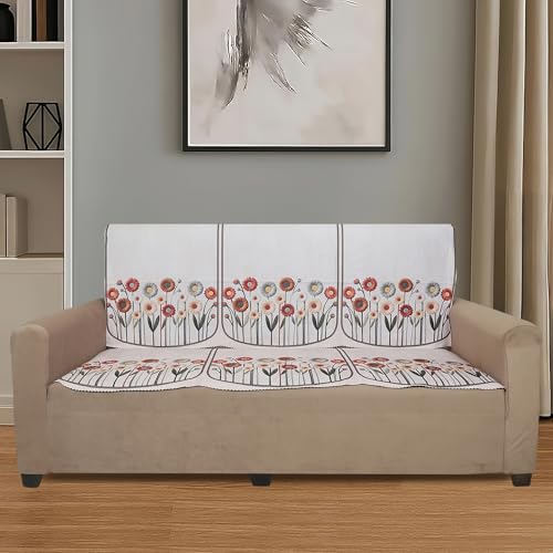 Image of Velvet 5 Seater Sofa Cover with 10 Seat and Back Covers - Floral Daisy Print - Washable Fabric - Stylish Sofa Cover for Modern Living Room (Beige, 5 Seater Without Arm Covers)