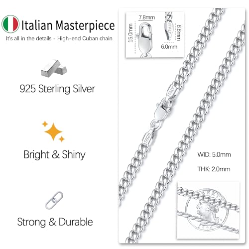 Italian Solid 18k Gold Over 925 Sterling Silver Chain Necklace for Men Women, 3.5mm, 5mm Diamond Cut Cuban Link Chain, Sturdy & Shiny & Not Easy to Fade & Comfortable 16 18 20 22 24 26 Inch3