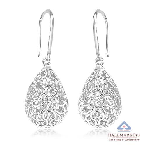 Image of TRUESILVER ACPL 925 Sterling Silver Filigree Drop Earrings for Women & Girls | Elegant Dangle Leverback Earrings | Stylish Everyday & Gift Jewelry