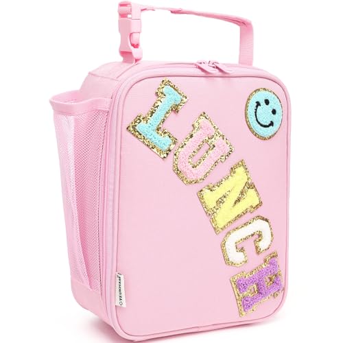 FlowFly Lunch box Insulated Soft Bag Mini Cooler Back to School Thermal Meal Tote Kit With Buckle and Mesh Side Pocket for Girls, Boys, PinkWithLetter
