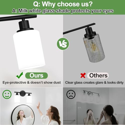 Image of Zarbitta 2-Light Bathroom Light Fixtures,Black Modern Vanity Lights with Milky White Frosted Glass Shades,Bathroom Wall Lamp for Mirror Kitchen Living Room Hallway Cabinet Porch