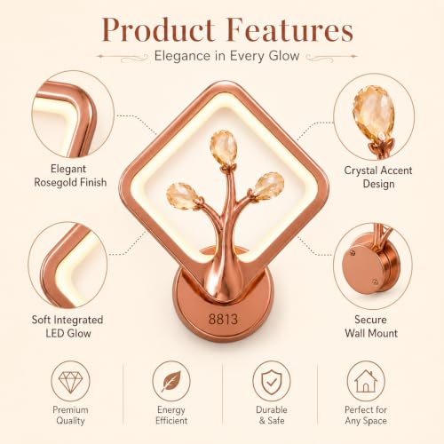 Image of Rose Gold LED Wall Light for Home Decor | 3 Color Changing Crystal Wall Lamp with Warm, Neutral & Cool White Modes | Modern Decorative Luxury Sconce for Bedroom, Living Room & Bedside
