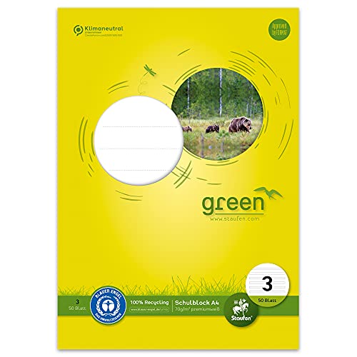 Staufen Green Schulblock - DIN A4, Lineatur 3 (21 Doppellinien), 50 Blatt, 4-fach Lochung, premiumweißes 70g/m² Recyclingpapier, 1 Stück Cover
