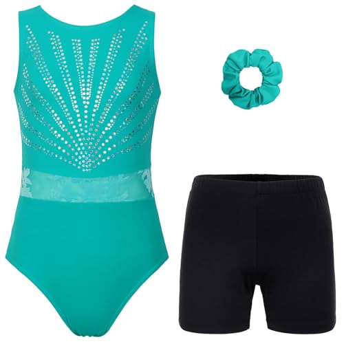 Gymnastics Leotards for Girls, Adult, Child With Shorts Activewear Mint Green Sequins CL(9-10Years)