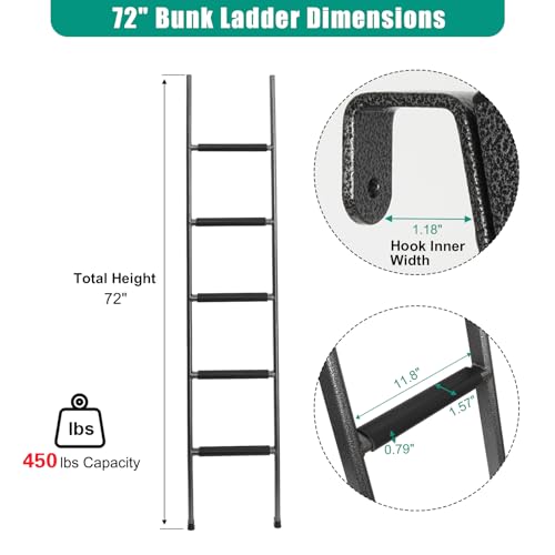 Image of Anti-Slip RV Bunk Ladder, 72in Integrated Heavy Duty Steel, Black | Camper Bunk Bed Ladder with Anti-Slip Rubber Foot Pads and Hooks
