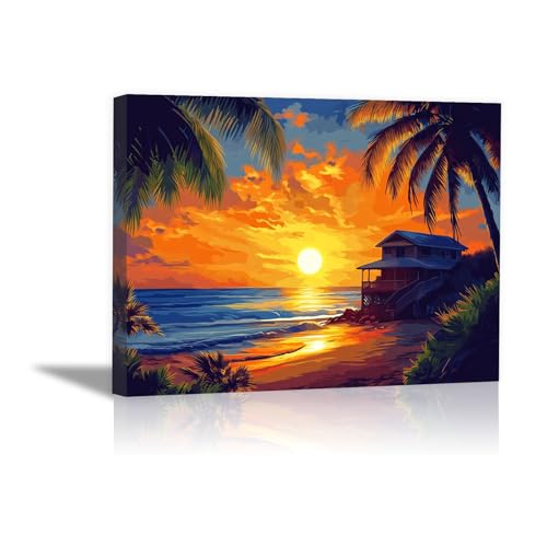 Cuadros playa tropical del atardecer modernos en lienzo enmarcado para dormitorio