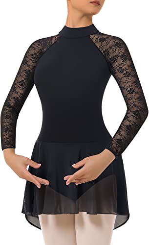 BAKPH Womens Turtleneck Dance Leotard With Skirt Adult Lace Long Sleeve Ballet Dress(W7028-06-M)