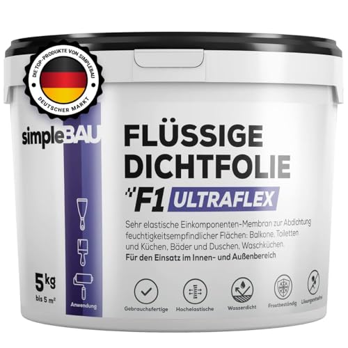 simpleBAU Flüssigfolie Dichtfolie F1 Ultraflex 5 kg Gebrauchsfertige Abdichtfolie & Flüssigabdichtung für Innen & Außen Dusche Bad Balkon & Terrasse Wasserdicht Elastisch & Frostsicher