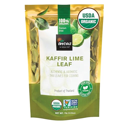 INCAS 100% USDA Organic Kaffir Lime Leaves 0.53 oz Direct From Source Thailand Original Authentic Thai Flavor & Citrus Aroma ใบมะกรูดเเห้ง Whole Dried Uncrumpled Leaves Freshly Picked & Easy To Use