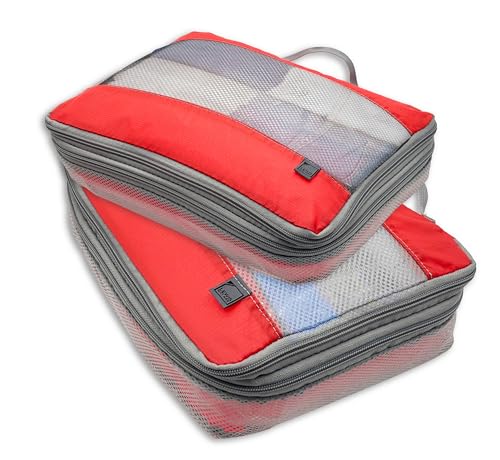 Lewis N. Clark ElectroLight Expandable Compression-Packing Cube + Travel Organizer for Luggage, Suitcase or Carry On with Smart Design Grab Handle & Breathable Mesh, 2-Pack (1 Med, 1 Large), Red