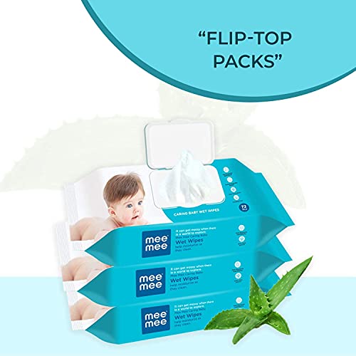 Image of Mee Mee Caring Baby Wet Wipes with lid, 72 Pcs (Aloe Vera, Pack of 3)