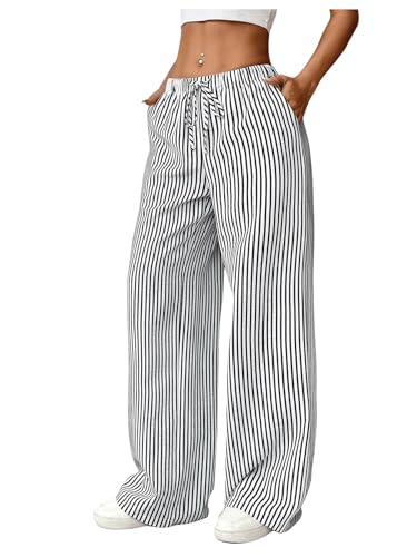 SweatyRocks Women's Y2K Striped Pants Wide Leg Drawstring High Waist Long Trousers with Pocket