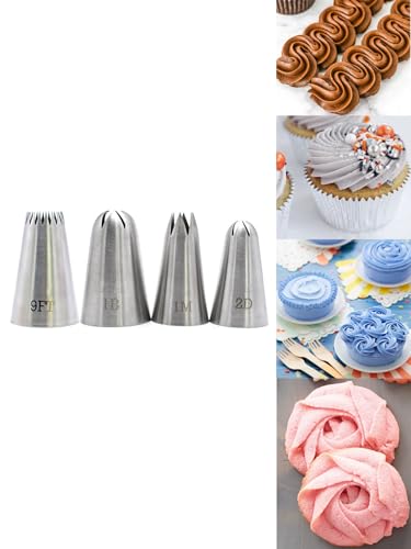 1M 2D 1B 9Ft Large Icing Piping Tips Set For Cupcake Cake Decorating,Open Star & Closed Star Frosting Tips,4 Pcs