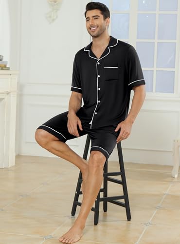 Image of Veseacky Men's Button Down Pajama Set Short Sleeve Shorts Modal Soft Sleepwear Loungewear Pjs with Pockets S-XXL