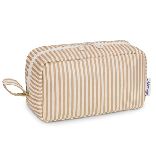 Image of Narwey Cute Makeup Bag Small Toiletry Bag Travel Cosmetic Bag Organizer Make Up Bags with Organized Pockets for Women (Brown Stripe, Large)