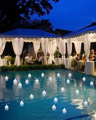 Image of 12 Pack Flameless Outdoor Waterproof LED Floating Tea Lights | Battery operated electric votive tealights, water-activated white flickering for wedding centerpiece vase pool decor
