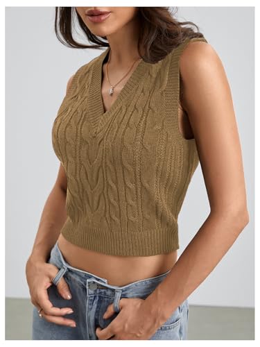 Image of Milumia Women's Cable Knit V Neck Sweater Vest Sleeveless Ribbed Crop Tank Top