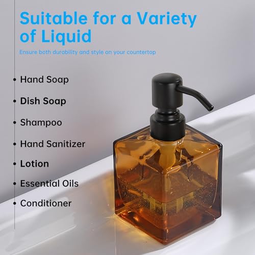 Image of Square Bathroom Soap Dispenser Amber Bottle with Black Pump, Retangle Cube 8.4 oz Glass Bottles with Stainless Steel Pump Hand Liquid Soap Dispenser Kitchen
