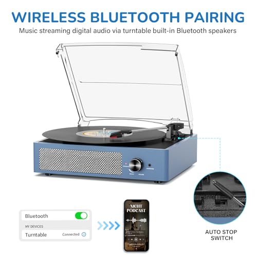 Image of Vinyl Record Player with 2 Stereo Speakers Belt-Driven Vintage Turntables 3 Speed 3 Size Wireless Bluetooth Playback AUX-in RCA Out Headphone LP Vinyl Players Auto Stop Frosted Purple