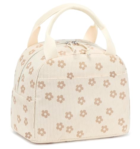 LEDAOU Lunch Box for Women, Insulated Reusable Lunch Bag, Cooler Tote for Work, School, College, Travel, Picnic, Everyday Use (Khaki white flowers)