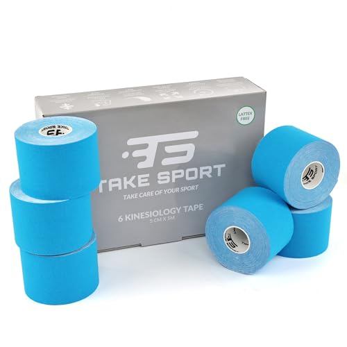 TAKE SPORT, NOVITÀ 2023! Kinesio tape, Nastro kinesiologico, Tape kinesiologico, Kinesio taping. 6 rotoli, 5 x 5m, 95% Cotone 5% Spandex, elastico. (color nero, rosa, azzurro, pelle)