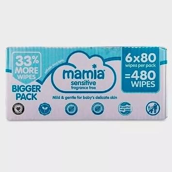 Mamia Sensitive Fragrance Free 480 Wipes - Bigger Pack of 6x80. Perfect for Delicate and Mild Baby Skin. Easy to Use and Dispose