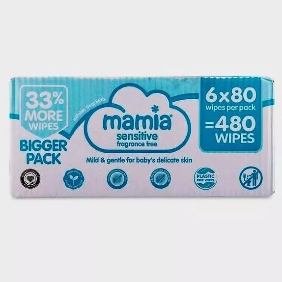 Ark Future Mamia Sensitive Fragrance Free 480 Wipes - Bigger Pack of 6x80. Perfect for Delicate and Mild Baby Skin. Easy to Use and Dispose