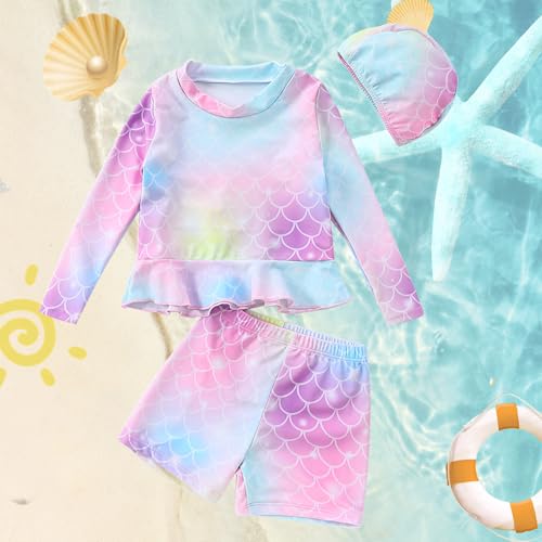 Image of Girls Swimsuits - Multicolor Toddler Girl Summer Beach Swimwear, Three Pieces Long Sleeve Rash Guard Set